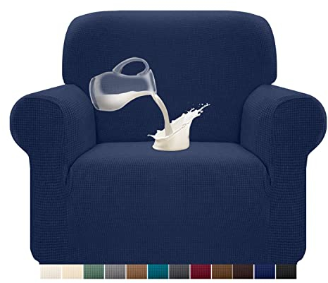 Granbest Stretch Wasserdicht Sofabezug 1 Stück Sofahusse Spandex Jacquard Elastische Couchbezug mit Anti-Rutsch-Schaumstoffe (1 Sitzer, Dunkelblau)