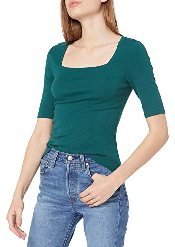 Amazon Essentials Women's Slim-Fit Half Sleeve Square Neck T-Shirt, Dark Green, S