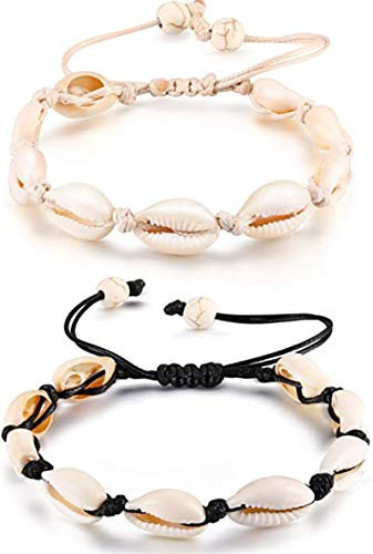 Lot de 2 bracelets de cheville réglables en coquillage naturel avec perles de coquillage pour homme et femme (blanc + noir), 7.8 to 15 inches