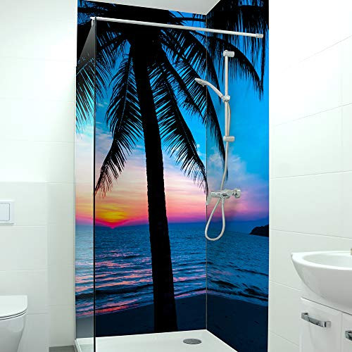 DRUCK-EXPERT Premium Duschrückwand 0,4 mm selbstklebendes Hart-PVC, Größe:2 x B 103 x H 240 cm Hochformat, Muster:Sonnenuntergang Karibik