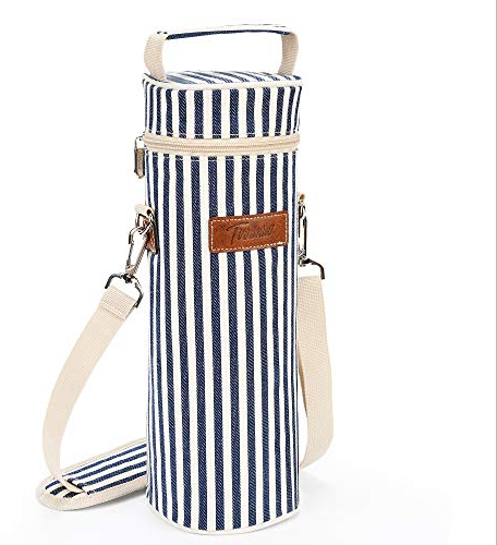 Kato Tirrinia Single Wine Cooler Bags - Insulated & Padded Portable Wine Tote Carrier for Travel, Picnic, Beach Great Gift for Wine Lover, Blue Stripe