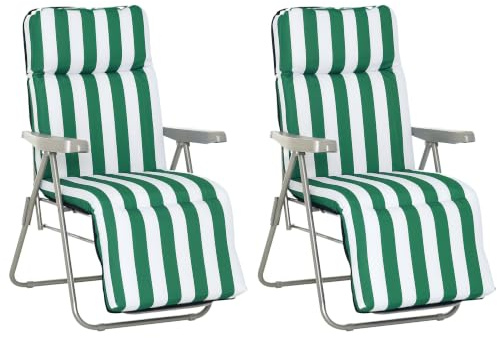 Outsunny Pack de 2 Tumbonas Plegables Jardín 60x75x65-102 cm Rayas Verde | Tumbonas de Jardín Exterior, Respaldo Ajustable en 5 Posiciones, Reposapiés, Marco de Acero