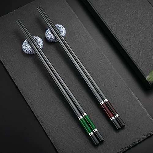 Hongyantech Palillos Japoneses de Fibra de Vidrio Negros con 2 Soportes, Cubiertos para Sushi, Reutilizables en Caja de Regalo