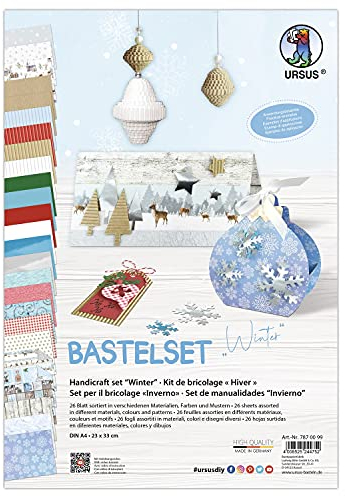 Ursus 7870099 - Bastelset Winter, winterlicher Materialmix an verschiedenen Bastelpapieren, 26 Blatt sortiert in verschiedenen Materialien, Farben und Motiven