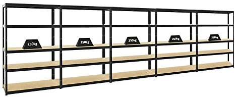 PROREGAL Mega Deal 5er-Set Schwerlastregale Big Elephant 180x120x45cm mit 5 Ebenen Fachlast 250kg Schwarz