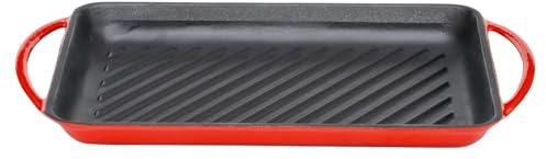 lätt Home Grill de Hierro Fundido Rectangular Antiadherente 39,5 x 22 x 3,5 cm Apto para Cocina de Inducción, Vitrocerámica, Gas, Horno y Parrilla - Asas Prácticas - Rojo Cereza