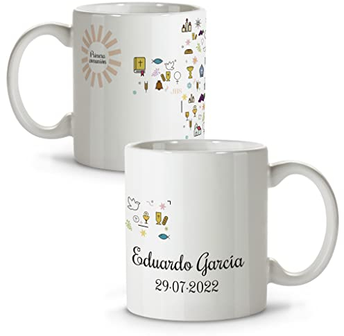 LolaPix Taza primera comunion. Regalos comunión personalizados con nombre y texto. Taza personalizada. COMUNIÓN CRUZ
