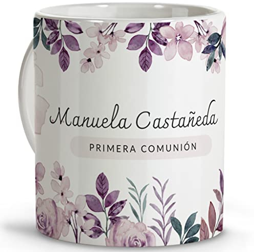 LolaPix Taza personalizada comunion. Regalos comunión personalizados con nombre y texto. Taza personalizad cerámica 330ml. PINK FLORAL
