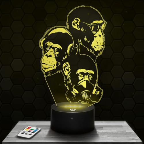 Nachttischlampe - Touch-Nachtlicht Affe Weisheit Stilisiert Tier 3D-LED-Lampe Illusion, Geschenkidee Weihnachten Geburtstag Junge und Mädchen Nachttischlampe Kinder- oder Erwachsenenzimmer