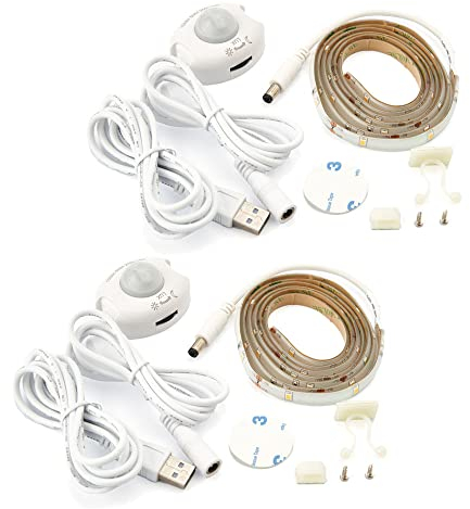 NCC-Licht 2 x LED Sensor USB Strip Nachtlicht Set 1,2m warmweiß 3000K 2,4W IP44 mit Bewegungsmelder