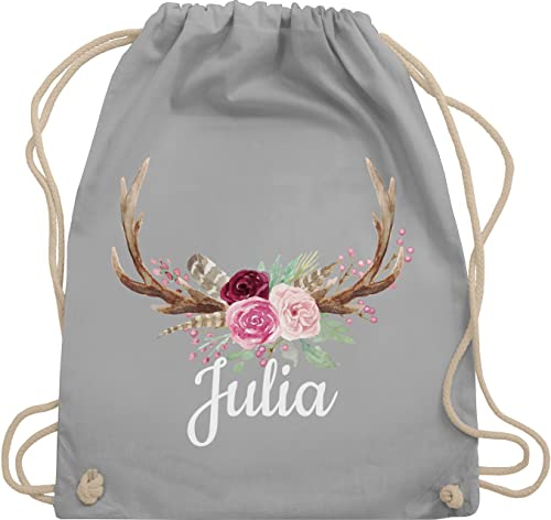 Turnbeutel Rucksack - Kompatibel Oktoberfest - Geweih mit Name - Unisize - Hellgrau - trachtenrucksack oktoberfest-tasche trachten hirsch beutel trachtenrucksäcke bayrisch stoffbeutel