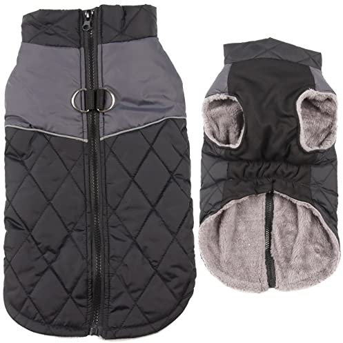 JoyDaog Warmer Fleece-Hundemantel, Hundejacke, Hundekleidung für mittelgroße Hunde, D-Ringe, wasserdichte Welpenjacke für kalten Winter, schwarz, Größe L