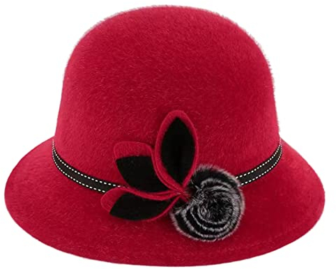 Fiauli Filzhut für Damen, warm, schick, Vintage-Blume, kuppelförmig, Wollmütze mit Blume, Rot