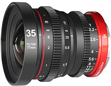 Meike 35 mm T2.2 Grande ouverture Mise au point manuelle Faible Distorsion APS-C S35 Format 6K Mini Prime Cine Objectif Compatible avec Canon RF Mount Cameras R7 R10 C70 R50 Komodo