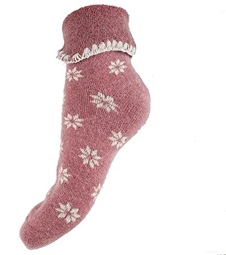 JOYA Luxurious Cuff Bed Wool Blend Socks UK 4-7 EU 36-40 Pink With Cream Snowflakes