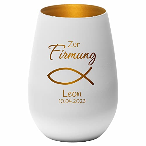 4you Design Windlicht Fisch mit Namen, Datum graviert (Metall-Weiß-Gold) Geschenk zur Firmung, Teelichthalter für Patenkinder, Personalisierte Geschenkidee