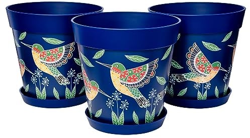 Hum Flowerpots Lot de 3 Pots de Fleurs en Plastique pour intérieur/extérieur de 25 cm de diamètre et 3 soucoupes de 19 cm de diamètre (Colibris Bleus)