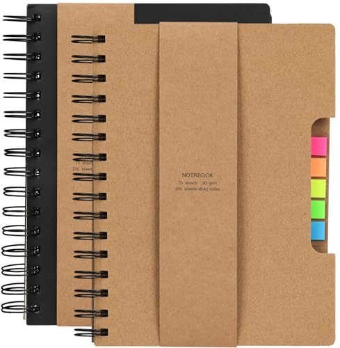 Simpolor 2 Stück Spiral Notizbuch Steno Business-Notizblock, breite linierte Notizbücher mit Haftnotizen und Index Tabs, Seitenmarkierungen für Schule, Büro, Geschäftsreisen (Schwarz+Khakifarbe)