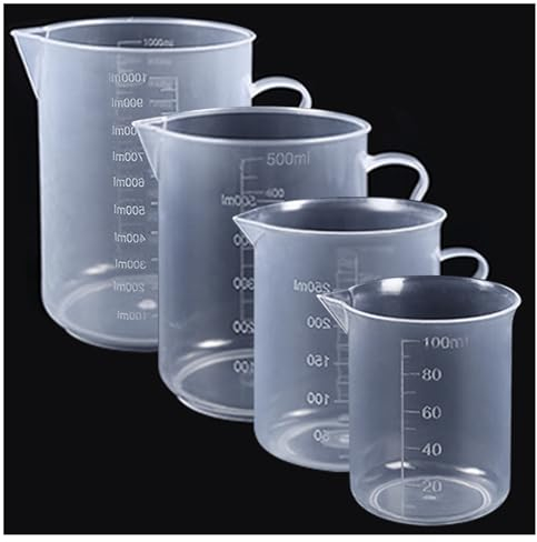 Jicyor 4 jarras medidoras, 100 ml/250 ml/500 ml/1000 ml, tazas medidoras de plástico con mango y escala, tazas medidoras transparentes reutilizables para hornear laboratorio cocina