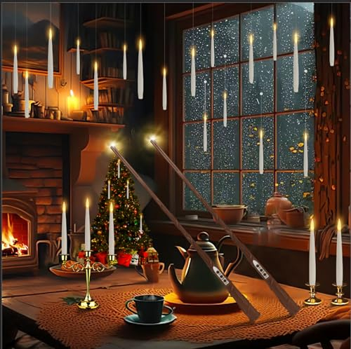 KIKILIVE Flammenlose LED Kerze mit Zauberstab Fernbedienung, floating candles flackernde schwebende Kerzen,LED Stabkerzen flammenlose hängende Fensterkerzen für Weihnachten Halloween Dekoration
