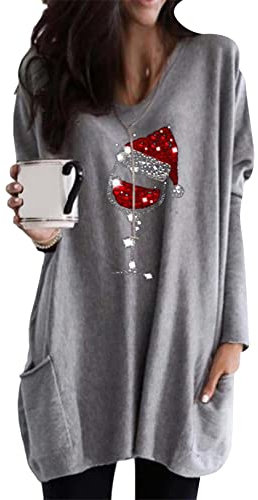Yming Frauen Rundhals Pullover Weinglasdruck Lange Bluse Langarm Weihnachten Pullover Hellgrau 3XL