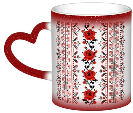 Atemberaubende ukrainische Stickerei-Stil-Rosendruck-Wechselwärmeempfindliche Farbwechsel-Tasse für Kaffee, Tee, Porzellan, Geschenk
