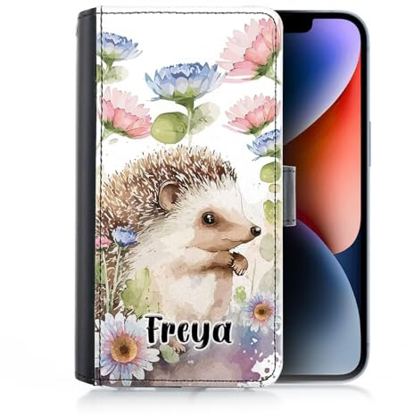 Hairyworm Personalised Phone Case for Apple iPhones 15, 14, 13, 12, 11, Pro Max, Mini, XR, XS, Custom PU Leather Flip Cover with Watercolour Flower Hedgehog Design, Name and Initial