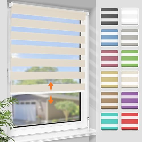 SBARTAR Doppelrollo schnurlos Klemmfix Rollos für Fenster ohne Bohren & zum Bohren, Natur B110 x H120 cm, Drücken Und Ziehen Springrollos, Lichtdurchlässig Aber Blickdicht Mittelzugrollo