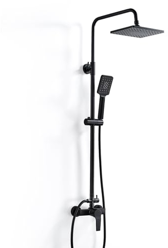 Jacurley Colonne de Douche avec Mitigeur Noir, Ensemble de Douche Hauteur RéGlable, Mitigeur Douche Monocommande avec Douchette, Pommeau de Douche et Barre de Douche