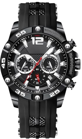 RORIOS Herren Mode Armbanduhren Silikon Sport Uhr Analog Quarz Uhr Multifunktional Chronograph Uhren Leuchtend Datum Kalender Uhr für Männer Schwarz A