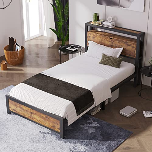 Metallbett Einzelbett 90 x 200cm mit Stauraum-Kopfteil, Bett mit Lattenrost aus Metallrahmen, Jugendbetten Stauraumbett mit Großer Stauraum unter dem Bett, für Schlafzimmer Gästezimmer (90 x 200 cm)
