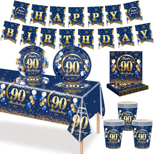 MORAINJAY 70P 90th Birthday Tableware - Blue Gold, Birthday Cups Plates Napkins Tablecloth Paper, Party Supplies (16 Guests)