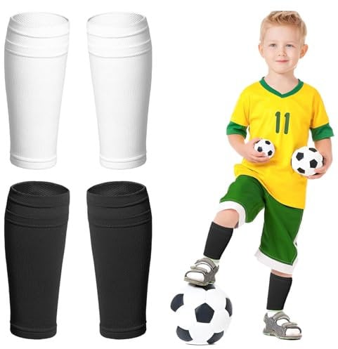 Nuqin Football Shin Pad Sleeves, 2 Pairs Shin Pad Socks with Pocket for Football Games - Beginner to Adult, Youth Boys (Black+White)