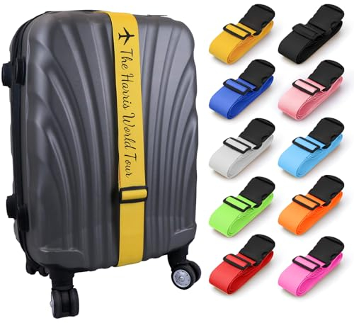 Personalisierte Koffergurt mit Namen, 1 Stück Kofferband Gurt Set, Bunt Auffällig Koffergürtel, Gepäckband Identifikation für Große und Kleine Koffer, Verstellbare Kofferbänder mit Kunststoffschnallen