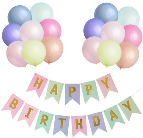 Macaron Happy Birthday Dekorationen - 16 Stück Luftballons, Banner, Bänder
