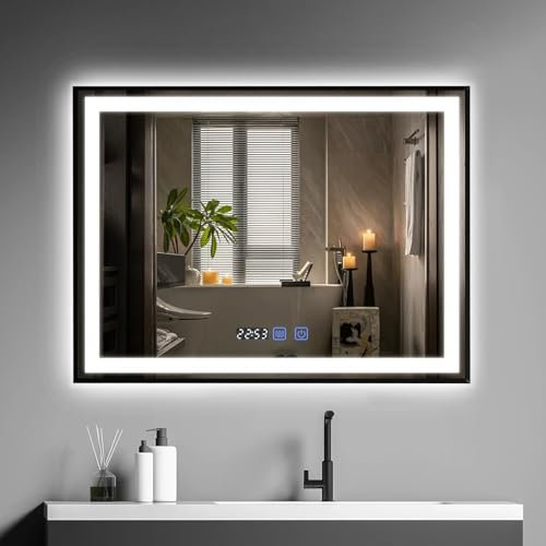 YOURLITE Bathroom Mirror with LED Light 600 x 800 MM Backlit Illuminated Wall Mounted Vanity Mirror with Demister Anti-Fog, Dimmable 3 Color LED Light Touch Control Time Display IP44