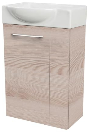 FACKELMANN B.CLEVER Gäste-WC Set 2 Teile – Waschtischunterschrank in Holz Braun mit Waschbecken aus Keramik – SBC Waschbeckenunterschrank schmal – Türanschlag Links – Hahnloch rechts – 45 cm breit
