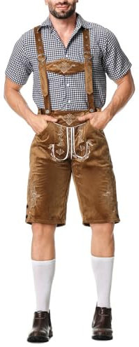 Oktoberfest Herren Outfit Lederhose Herren Trachtenhemd 2 Teiliges Trachten Set Kurzarm Kariertes Trachten Hemd Trachtenlederhosen für Herren mit Trägern für Oktoberfest Kostüm Cosplay Party Karneval