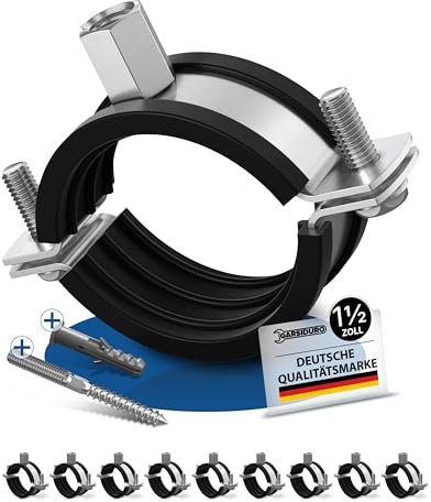 GARSIDURO® Profi Rohrschellen | 1 1/2 Zoll (47-51mm) 10 Stück | mit passenden Stockschrauben und Dübeln | Schraubrohrschellen Stahl verzinkt mit Gummieinlage zur Rohrbefestigung Rohrhalterung | 1 1/2