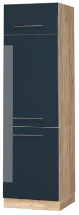 Vicco Kühlumbauschrank Fame-Line, Dunkelblau Hochglanz/Goldkraft Eiche, 60 cm