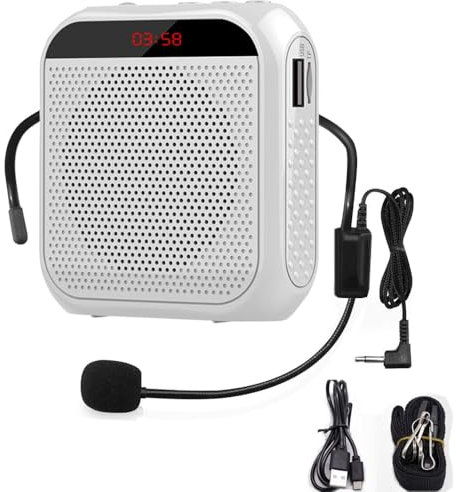 Amplificatore Vocale on Microfono,Amplificatore vocale portatile,5W USB U Disk/TF,2200 mAh,con microfono auricolare,bundSistema PA ricaricabile per esterni, insegnanti,spiaggia(bianco)
