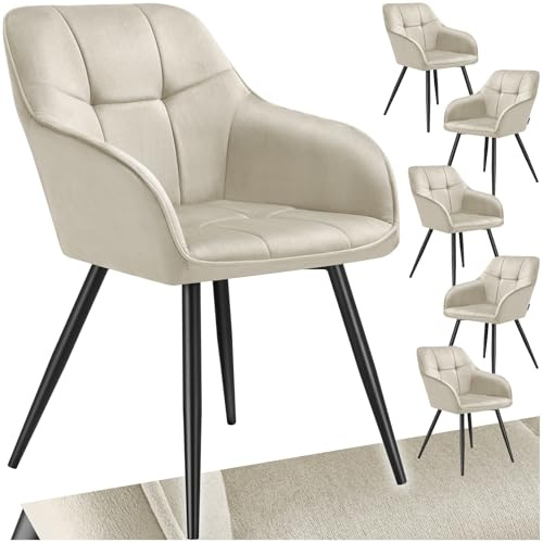tectake® Samt Stuhl, Esszimmerstuhl mit Stepp Samtstoff, Küchenstühle modern, gemütlicher Sessel Wohnzimmer, Armlehnstuhl Esszimmer, Dining Lounge, Schminktisch Stuhl - Creme/schwarz, 6er Set