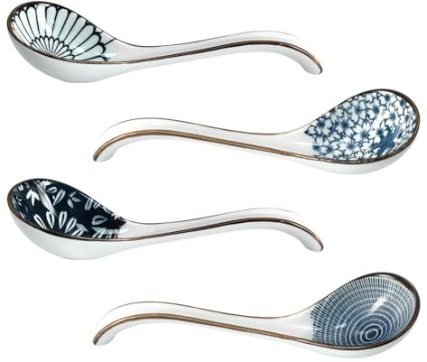 Lot de 4 cuillères à soupe chinoises en céramique, cuillères à soupe à long main, vaisselle pour ramen, raviolis, riz, dessert