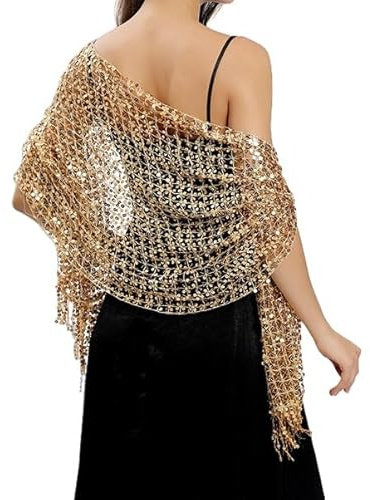 DyLyz Gehäkelter Schal mit goldenen glänzenden Pailletten für Damen eleganter geblümter Bolero mit ausgehöhlten Kanten Umhang leichter Netzstoff mit Quasten Schal zum Überziehen für Abendkleide