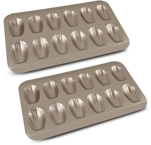 Yumatouch Madeleine - Juego de 2 bandejas antiadherentes de acero al carbono con 12 agujeros para hornear, color dorado