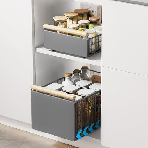 2 Packung faltbar ausziehen Schrank Organizer mit Holzgriff, zusammenklappbarer Schrank Organizer für die Küche, Pantry Regale Schubladen Lagerung, Roll Out Küchenschrankregal (Gungrau)