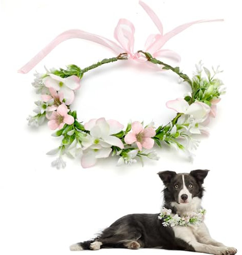 UOCAI Blumenkranz Kopfschmuck, Fliege für Hunde, Hunde Fliege Hochzeit Blumenkranz Kopfschmuck Haarkranz Blumen, Haarreif Blumen für Kopfschmuck Hochzeit, Hund Hochzeit, Foto Requisiten (Rosa)