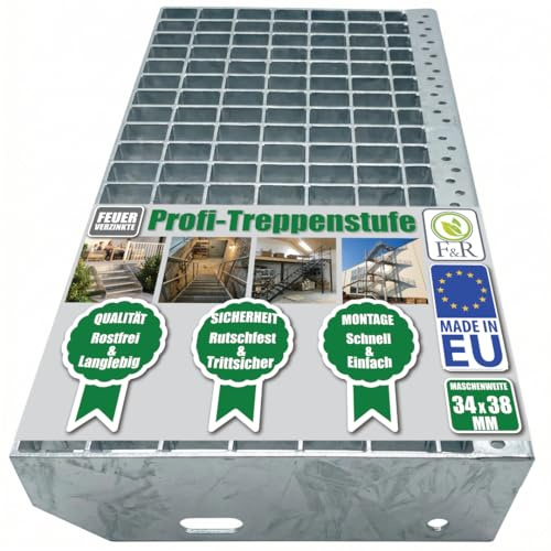 F & R Metallstufe 1000x240 mm Verzink mit Schrauben – Gitterrost Treppenstufe Aus Stahl Rutschfest Wetterfest Feuerverzinkt Ideal Für Außentreppen+ Schraubenset 4 Stk.
