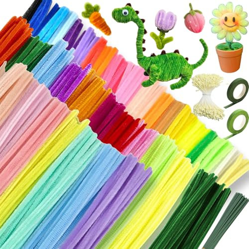 WINAROI Pfeifenputzer Bunt zum Basteln Set,400 Stück Pfeifenputzer,Bunt zum Chenilledraht mit 20 Stück Grünem Bastelfaden,Geschenkband,DIY Pipe Cleaner