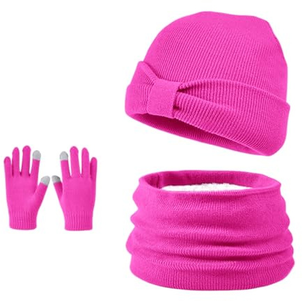Ensemble Bonnet Echarpe Gants 3 en 1 Bonnet en Tricot Doublé de Laine Polaire à Nœud avec écharpe en Tricot Torsadé Gants à écran Tactile pour enfants âgés de 3 à 8 ans